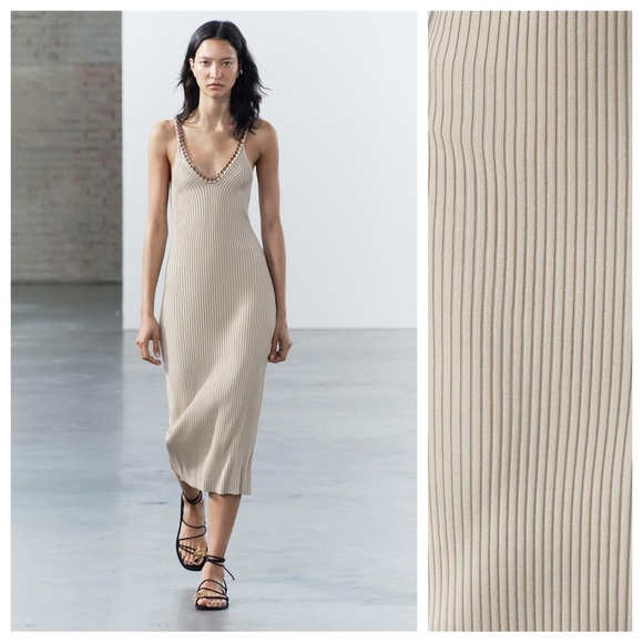 NWT. Zara Light Khaki Chain Trim Ribbed Knit Midi Dress. Size M. - Picture 1 of 10